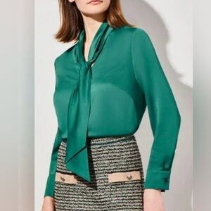 NWT $210 Ming Wang Green Tie Blouse‎ Shirt, Sz L Large, Silky Dressy Button Down